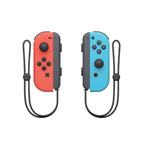 Side View of Nintendo Switch with neon blue and neon red controllers