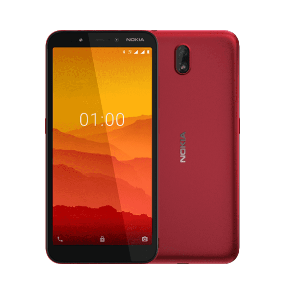 Front & Back View of Red Nokia C1 Android Mobile