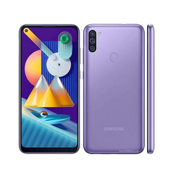 Front, Back & Side View of Violet Samsung Galaxy M11
