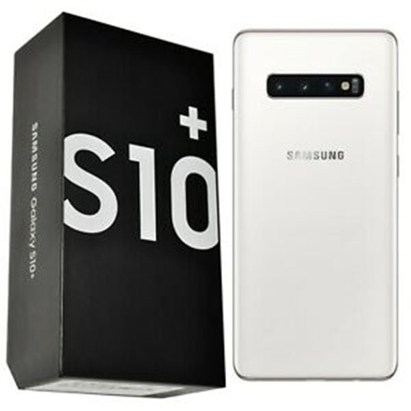 Front View of White Samsung Galaxy S10 with Box of Phone